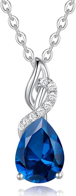 FANCIME 14K Solid White Gold Teardrop Pendant with Diamond Birthstone Necklace