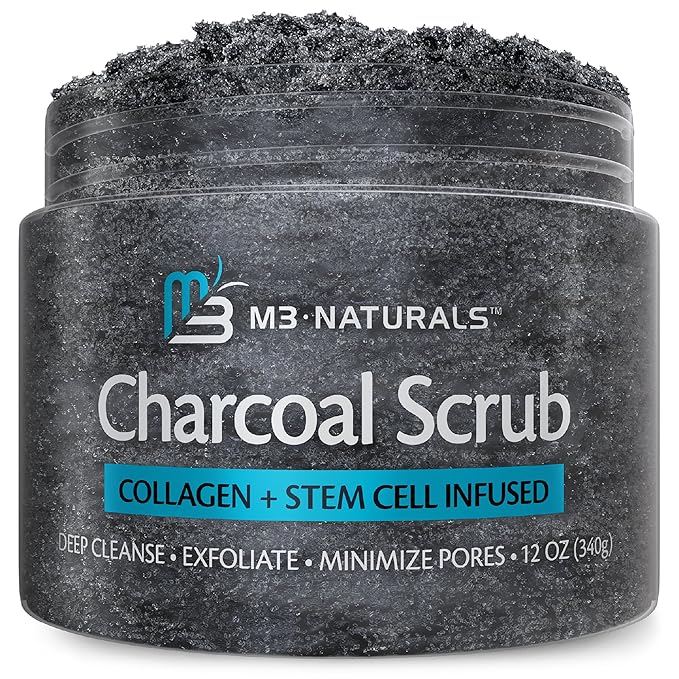 Exfoliating Charcoal Scrub with Collagen & Stem Cells – Salt Scrub for Body Toning, Cellulite, Armpit Detox, and Skin Smoothing for Face, Feet, and Body by M3