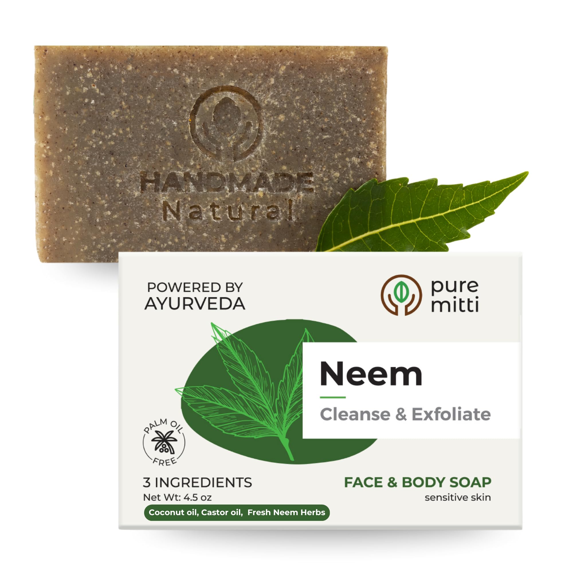 Neem Face, Body Bar Soap 4.5 oz | Ayurvedic Exfoliating, Cleansing Bar with Coconut Oil, Castor Oil | Gentle Bath Soaps for Face Wash, Body Wash | Soft Soap for Daily Use, All Skin Types