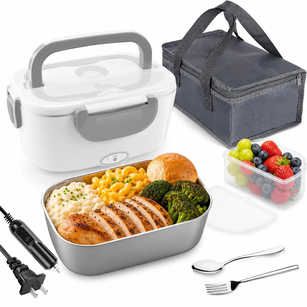 Electric Lunch Box Food Heater, 3 in 1 Portable Food Warmer Lunch Box for Car & Home, Leak Proof, Lunch Heating Microwave with 304 Stainless Steel Container 1.5 L, 110V/12V/24V