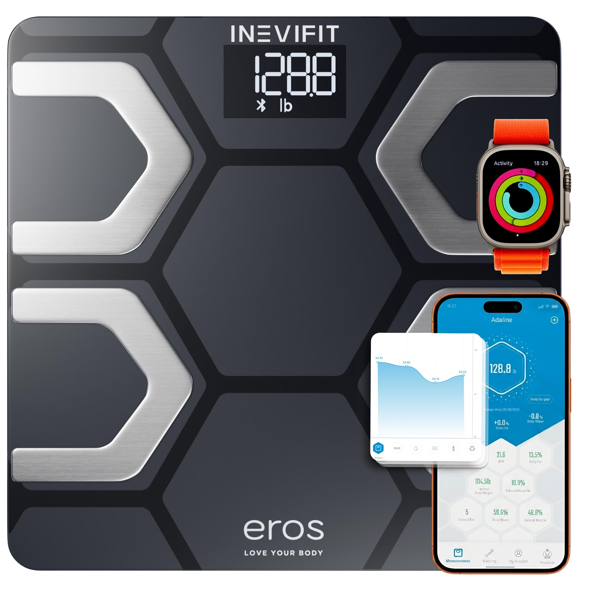 EROS Bluetooth Body Fat Scale Smart BMI Highly Accurate Digital Bathroom Body Composition Analyzer with Wireless Smartphone APP 400 lbs 11.8 x 11.8 inch (Black)