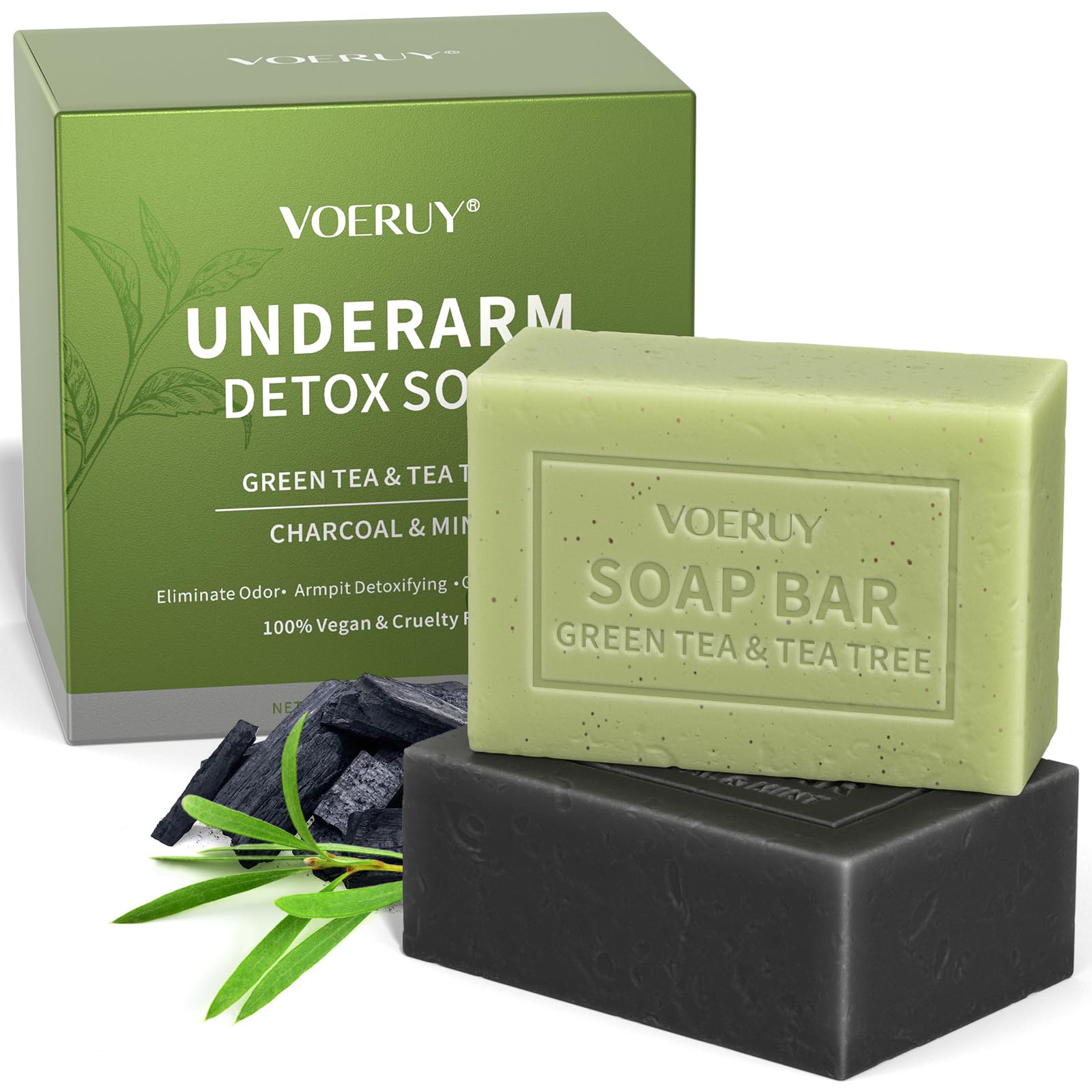 Underarm Detox Soap, 2 Pcs Armpit Detox Soap with Green Tea & Tea Tree, Charcoal & Mint for Eliminating Odor, Exfoliating, Moisturizing , Bar Soaps for Legs, Knee, Feet, Hands Whole Body - 10 oz（280g）