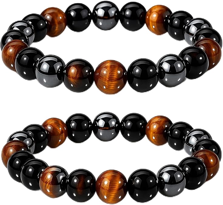 WFJ Black Obsidian Hematite Triple Protection Bracelets Set - Tiger Eye Beaded Natural Stone Bracelet for Men Women Gemstone (10MM)
